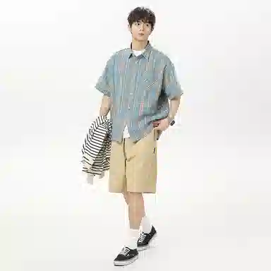 海尔斯 潮牌时尚英伦格子工装高街宽松短袖衬衫 男款