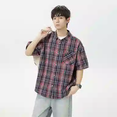 海尔斯 潮牌时尚英伦格子工装高街宽松短袖衬衫 男款