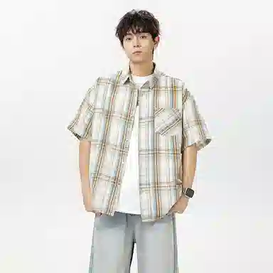 海尔斯 潮牌时尚英伦格子工装高街宽松短袖衬衫 男款