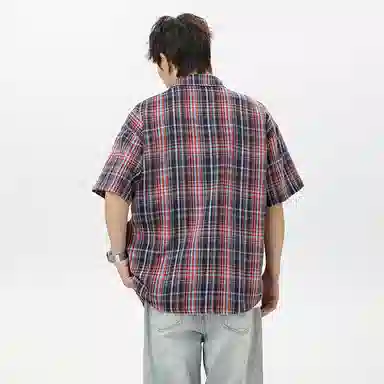 海尔斯 潮牌时尚英伦格子工装高街宽松短袖衬衫 男款