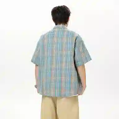 海尔斯 潮牌时尚英伦格子工装高街宽松短袖衬衫 男款