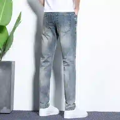 海尔斯 弹力修身舒适时尚简约百搭水洗做旧直筒牛仔裤 男款 怀旧蓝