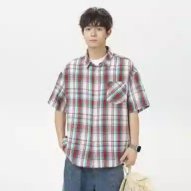 海尔斯 潮牌时尚英伦格子工装高街宽松短袖衬衫 男款