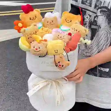朵喵呦 奶油小熊手捧花 陪伴安抚治愈生日毕业季花束永生花 玩偶周边