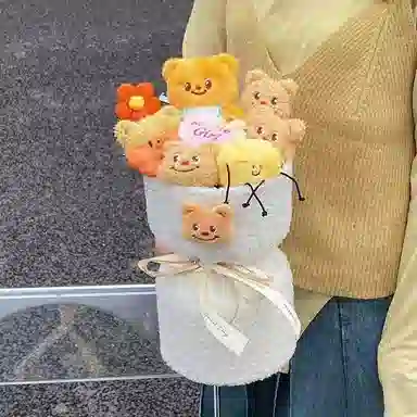 朵喵呦 奶油小熊手捧花 陪伴安抚治愈生日毕业季花束永生花 玩偶周边
