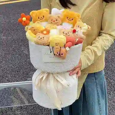 朵喵呦 奶油小熊手捧花 陪伴安抚治愈生日毕业季花束永生花 玩偶周边