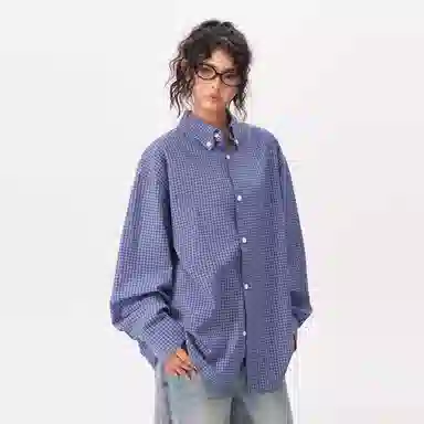 虫小绿 美式复古慵懒宽松透气格子长袖衬衣外套衬衫 男女同款
