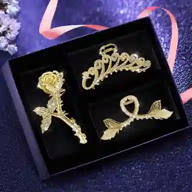 缔晶 浪漫法式鱼尾玫瑰鲨鱼夹抓夹套装 日常时尚通勤复古风发饰 合金 发夹 女款