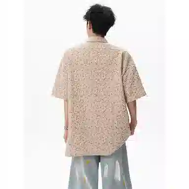 颂希尔 潮牌浮雕肌理感花卉刺绣美式复古学院风青少年宽松短袖衬衫 男女同款