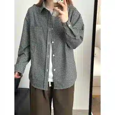 颂希尔 美式复古潮流条纹格子衬衣外套情侣宽松休闲百搭长袖衬衫 男女同款