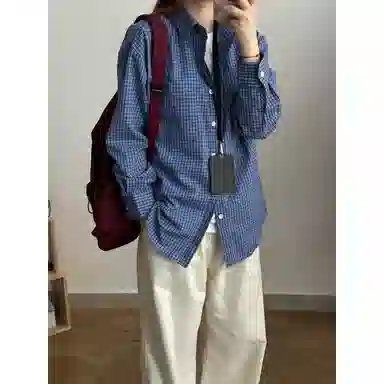 颂希尔 美式复古潮流条纹格子衬衣外套情侣宽松休闲百搭长袖衬衫 男女同款