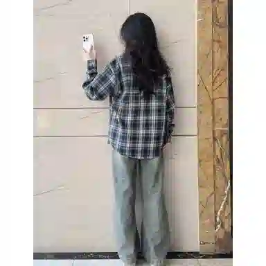 颂希尔 复古美式慵懒宽松休闲防晒翻领格子长袖衬衫 男女同款