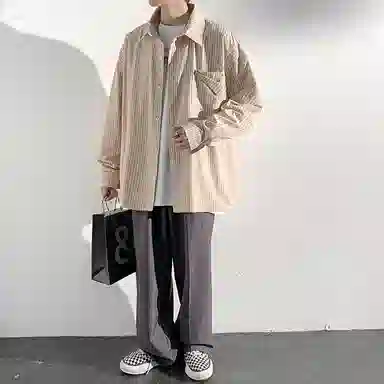 佐菲利 美式复古港风条纹长袖衬衣宽松百搭休闲薄款外套衬衫 男女同款