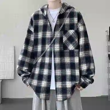 佐菲利 美式格子连帽宽松慵懒风衬衣痞帅高级感情侣毛呢外套衬衫 男女同款