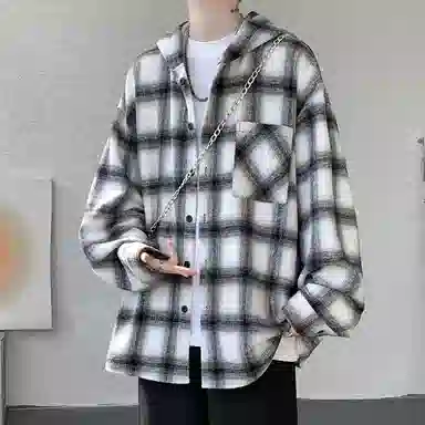 佐菲利 美式格子连帽宽松慵懒风衬衣痞帅高级感情侣毛呢外套衬衫 男女同款