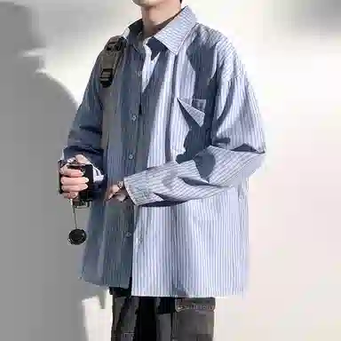 佐菲利 美式复古港风条纹长袖衬衣宽松百搭休闲薄款外套衬衫 男女同款