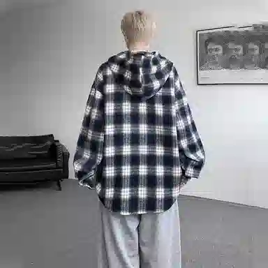 佐菲利 美式格子连帽宽松慵懒风衬衣痞帅高级感情侣毛呢外套衬衫 男女同款