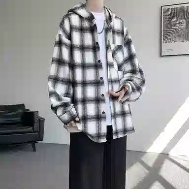佐菲利 美式格子连帽宽松慵懒风衬衣痞帅高级感情侣毛呢外套衬衫 男女同款