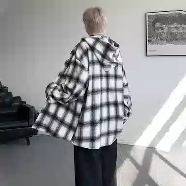 佐菲利 美式格子连帽宽松慵懒风衬衣痞帅高级感情侣毛呢外套衬衫 男女同款