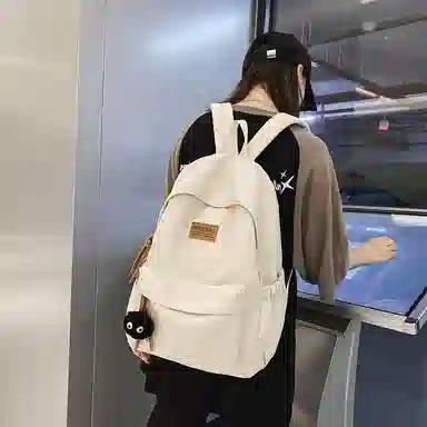 行途 初中高颜值森系纯色百搭小众设计感高中大学生 尼龙 书包背包双肩包 常规 男女同款情侣款 黑色/白色/绿色/卡其色