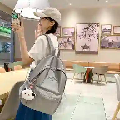 行途 韩版原宿初高中学生简约纯色大容量 尼龙 双肩包 女款 粉色/绿色/紫色/黑色/灰色