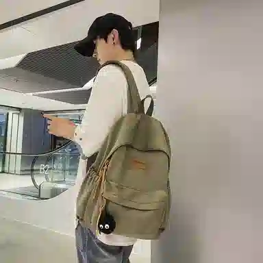 行途 初中高颜值森系纯色百搭小众设计感高中大学生 尼龙 书包背包双肩包 常规 男女同款情侣款 黑色/白色/绿色/卡其色