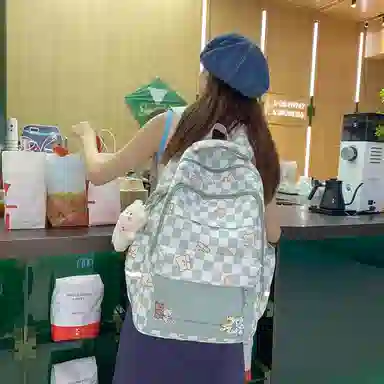 行途 学院风书包时尚格子简约背包大容量初中生休闲百搭双肩包女 尼龙