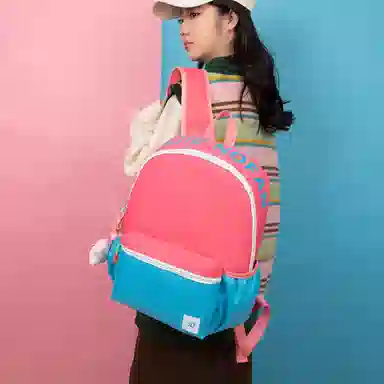 行途 轻便大容量简约初高中学生拉链开合 尼龙 书包背包双肩包 常规 男女同款情侣款 蓝配黄、粉色、红色、粉配蓝