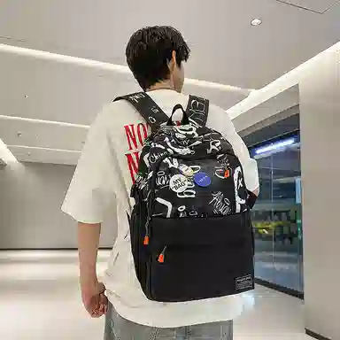 行途 个性涂鸦中学生书包日系潮牌大学生旅行背包 尼龙 双肩包 男女同款情侣款 黑色/白色/蓝色