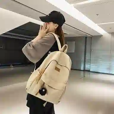 行途 初中高颜值森系纯色百搭小众设计感高中大学生 尼龙 书包背包双肩包 常规 男女同款情侣款 黑色/白色/绿色/卡其色