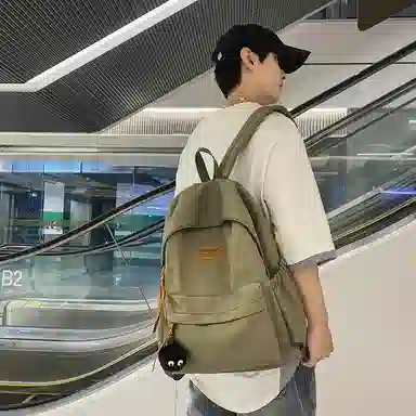 行途 初中高颜值森系纯色百搭小众设计感高中大学生 尼龙 书包背包双肩包 常规 男女同款情侣款 黑色/白色/绿色/卡其色