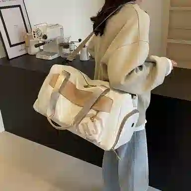 行途 大容量拼色设计 织物 手提健身包 大号 男女同款情侣款 黑色/米白色/蓝色/粉色/卡其色