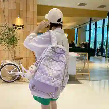 行途 学院风书包时尚格子简约背包大容量初中生休闲百搭双肩包女 尼龙