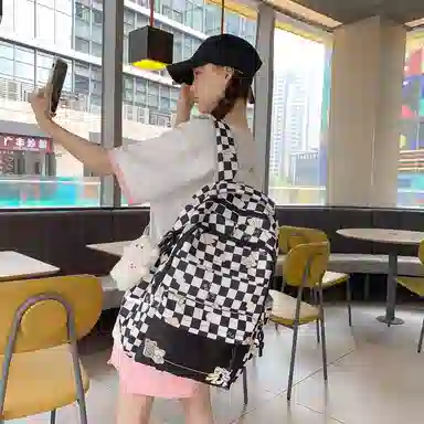 行途 学院风书包时尚格子简约背包大容量初中生休闲百搭双肩包女 尼龙