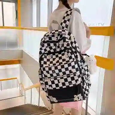 行途 学院风书包时尚格子简约背包大容量初中生休闲百搭双肩包女 尼龙