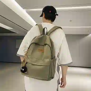 行途 初中高颜值森系纯色百搭小众设计感高中大学生 尼龙 书包背包双肩包 常规 男女同款情侣款 黑色/白色/绿色/卡其色