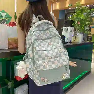 行途 学院风书包时尚格子简约背包大容量初中生休闲百搭双肩包女 尼龙