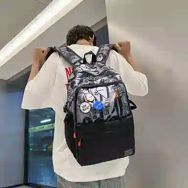 行途 个性涂鸦中学生书包日系潮牌大学生旅行背包 尼龙 双肩包 男女同款情侣款 黑色/白色/蓝色