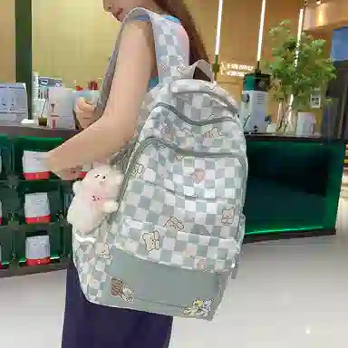 行途 学院风书包时尚格子简约背包大容量初中生休闲百搭双肩包女 尼龙