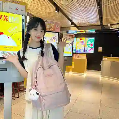 行途 韩版原宿初高中学生简约纯色大容量 尼龙 双肩包 女款 粉色/绿色/紫色/黑色/灰色