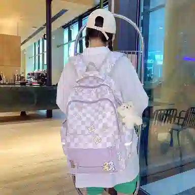 行途 学院风书包时尚格子简约背包大容量初中生休闲百搭双肩包女 尼龙