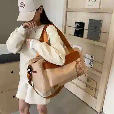 行途 大容量拼色设计 织物 手提健身包 大号 男女同款情侣款 黑色/米白色/蓝色/粉色/卡其色