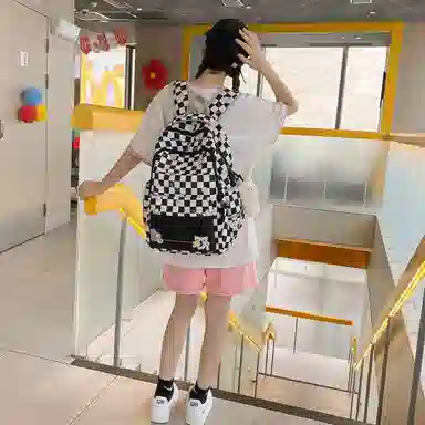 行途 学院风书包时尚格子简约背包大容量初中生休闲百搭双肩包女 尼龙