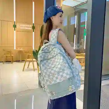 行途 学院风书包时尚格子简约背包大容量初中生休闲百搭双肩包女 尼龙