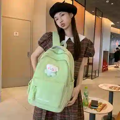 行途 中学生日系纯色高中生夏季休闲旅游背包防泼水 尼龙 双肩包 男女同款情侣款 黑色/米白色/绿色/粉色/黄色