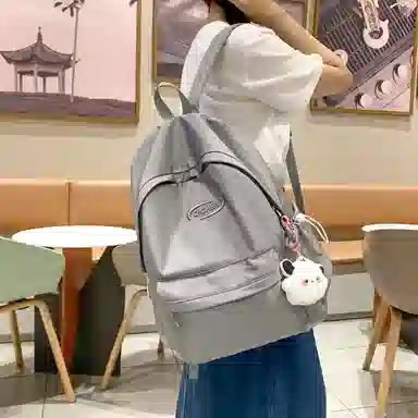 行途 韩版原宿初高中学生简约纯色大容量 尼龙 双肩包 女款 粉色/绿色/紫色/黑色/灰色