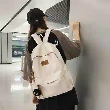 行途 初中高颜值森系纯色百搭小众设计感高中大学生 尼龙 书包背包双肩包 常规 男女同款情侣款 黑色/白色/绿色/卡其色