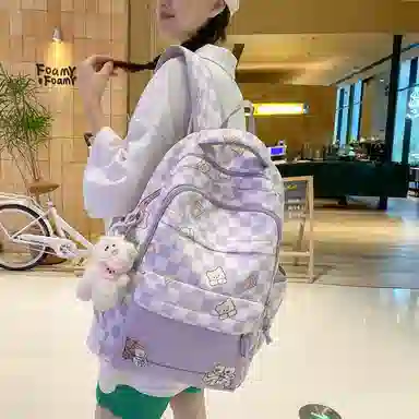 行途 学院风书包时尚格子简约背包大容量初中生休闲百搭双肩包女 尼龙