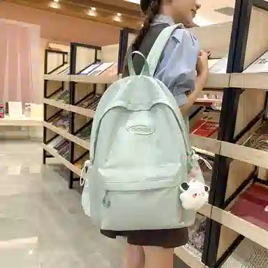 行途 韩版原宿初高中学生简约纯色大容量 尼龙 双肩包 女款 粉色/绿色/紫色/黑色/灰色