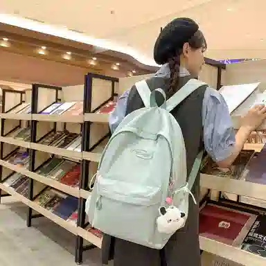 行途 韩版原宿初高中学生简约纯色大容量 尼龙 双肩包 女款 粉色/绿色/紫色/黑色/灰色